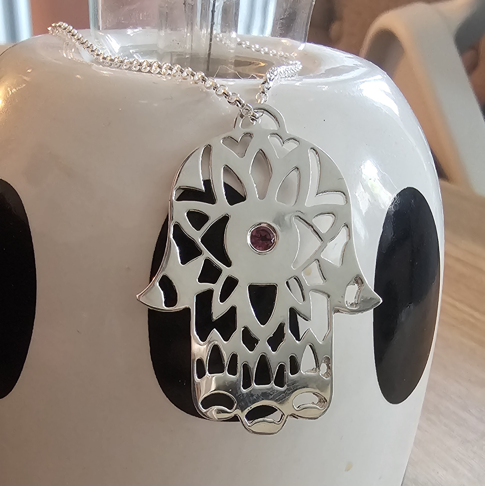 Statement Hamsa Pink Tourmaline Necklace in Sterling Silver - Image 2