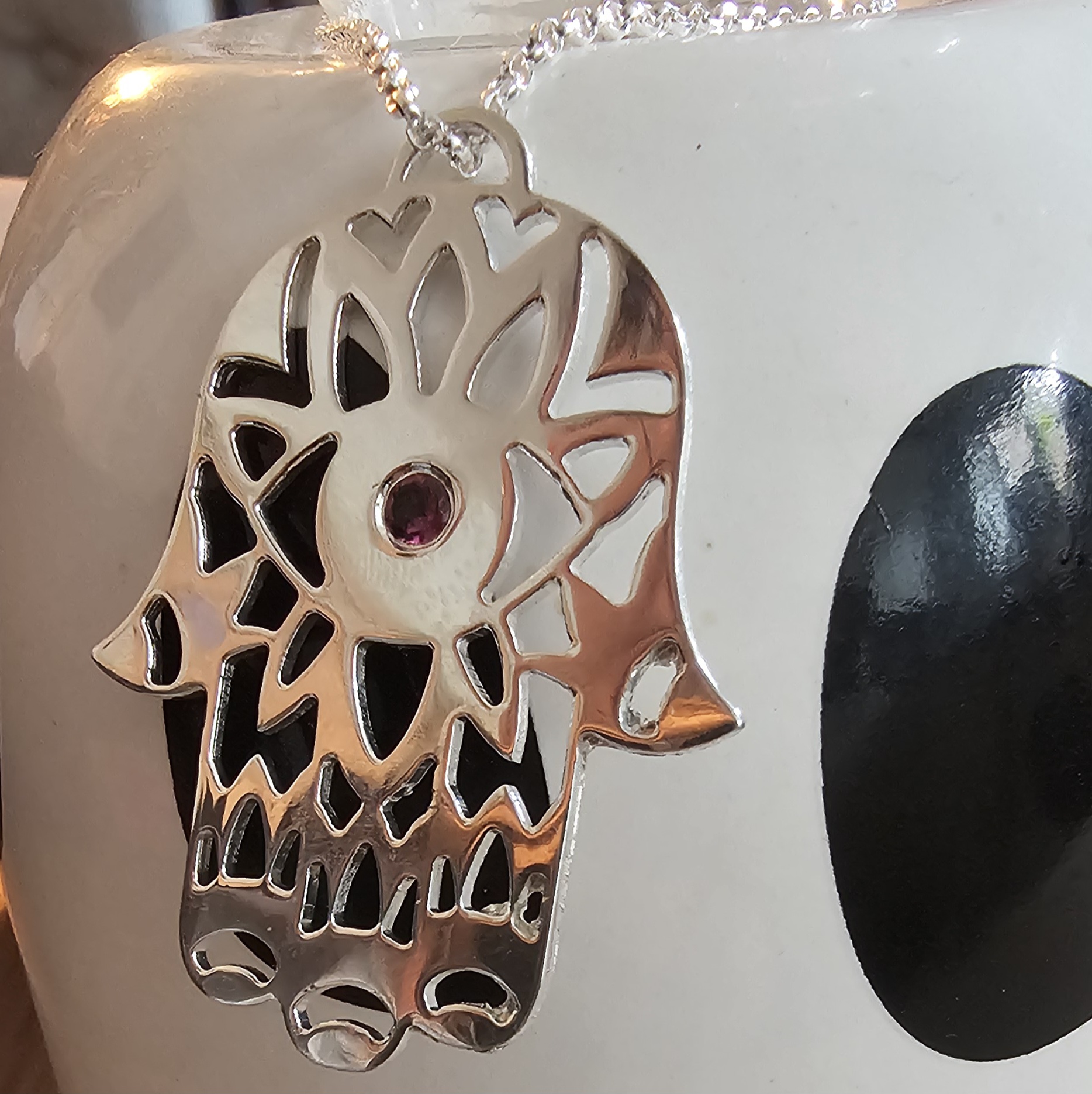 Statement Hamsa Pink Tourmaline Necklace in Sterling Silver - Image 3