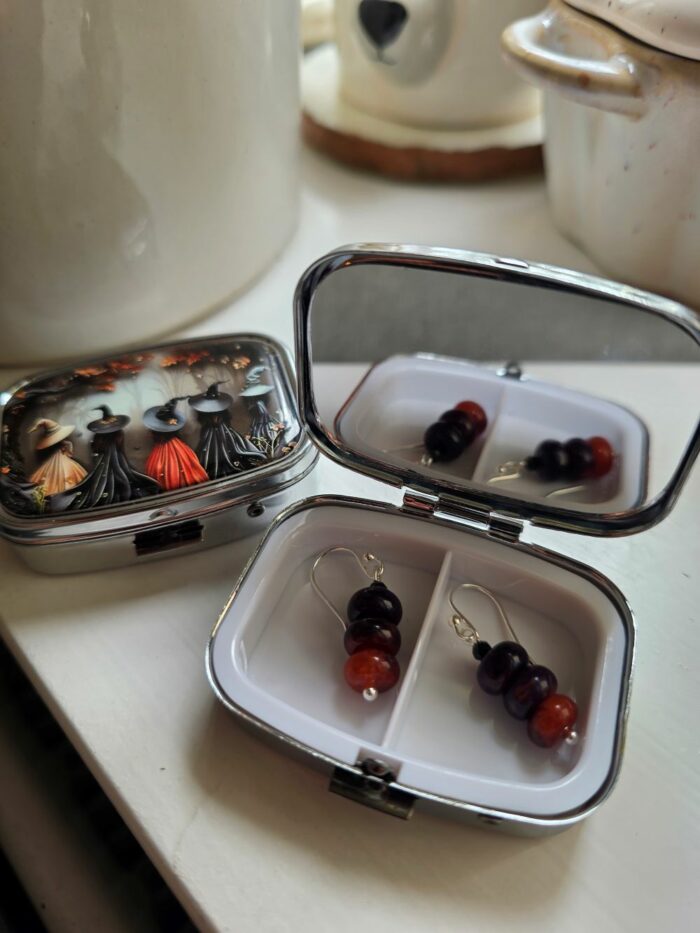 'Little Pot of Witchcraft' Agate Drop Earrings with Witches Mirror Pill Box - Limited Edition - Image 3