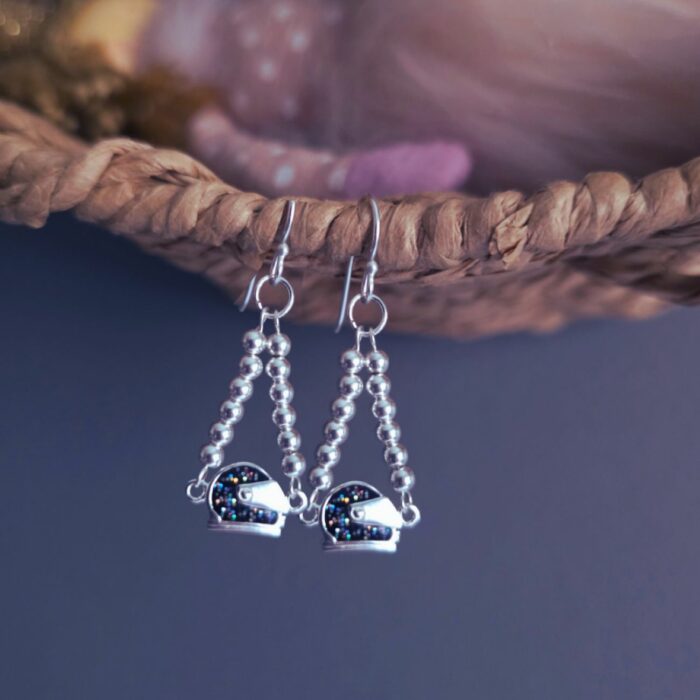 Holographic Glitter Racing Helmet Chandelier Drop Earrings in Sterling Silver - Image 2