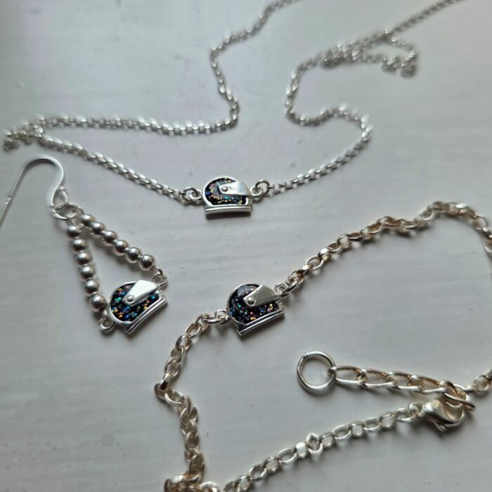 Holographic Glitter Racing Helmet Chandelier Drop Earrings in Sterling Silver - Image 3