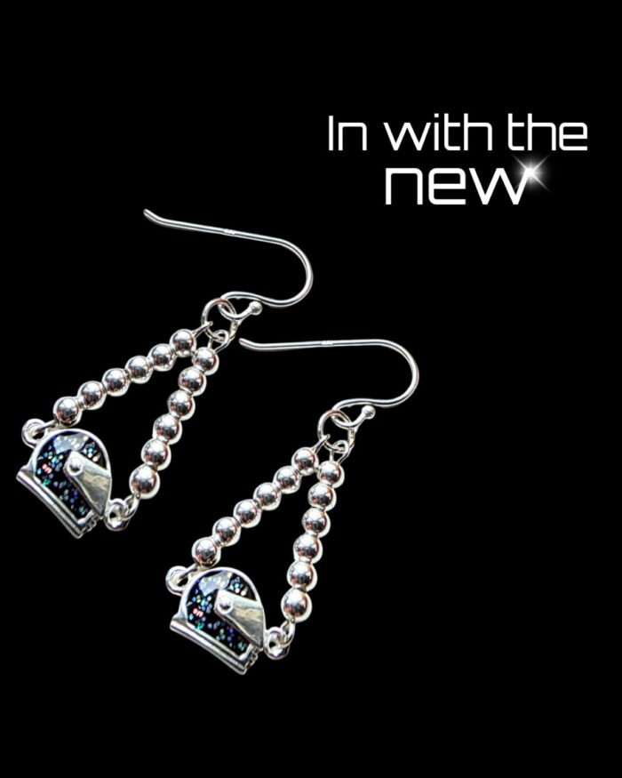 Holographic Glitter Racing Helmet Chandelier Drop Earrings in Sterling Silver