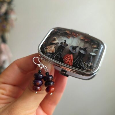 'Little Pot of Witchcraft' Agate Drop Earrings with Witches Mirror Pill Box - Limited Edition