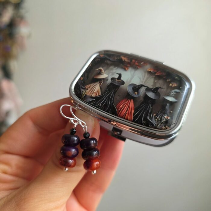 'Little Pot of Witchcraft' Agate Drop Earrings with Witches Mirror Pill Box - Limited Edition