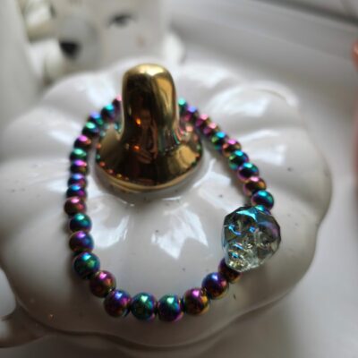Petrol Head Crystal Sugar Skull Stretchy Hematite Bracelet