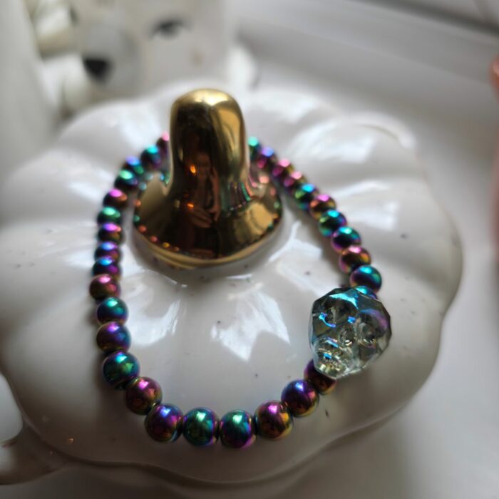 Petrol Head Crystal Sugar Skull Stretchy Hematite Bracelet