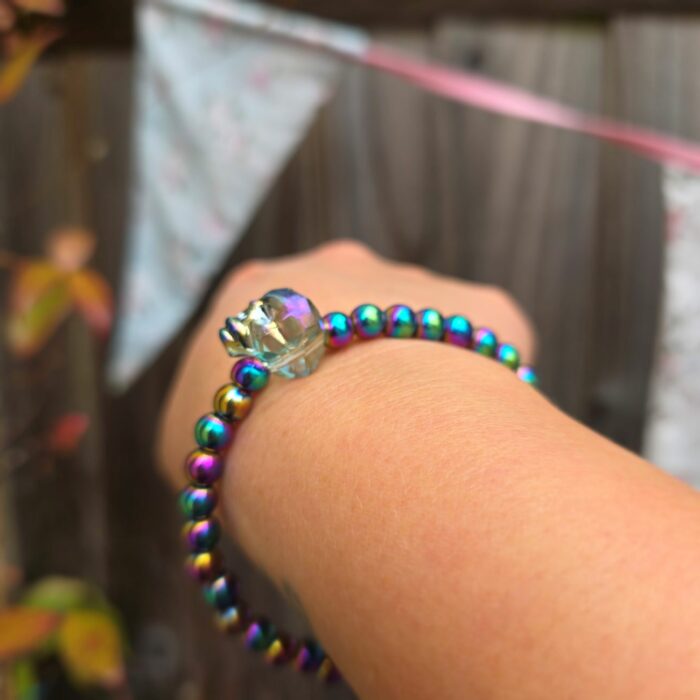Petrol Head Crystal Sugar Skull Stretchy Hematite Bracelet - Image 2