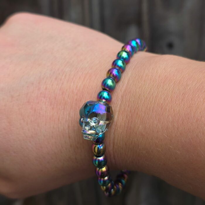Petrol Head Crystal Sugar Skull Stretchy Hematite Bracelet - Image 3