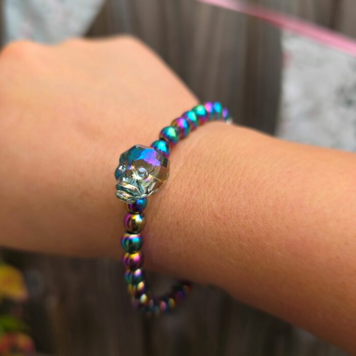 Petrol Head Crystal Sugar Skull Stretchy Hematite Bracelet - Image 4