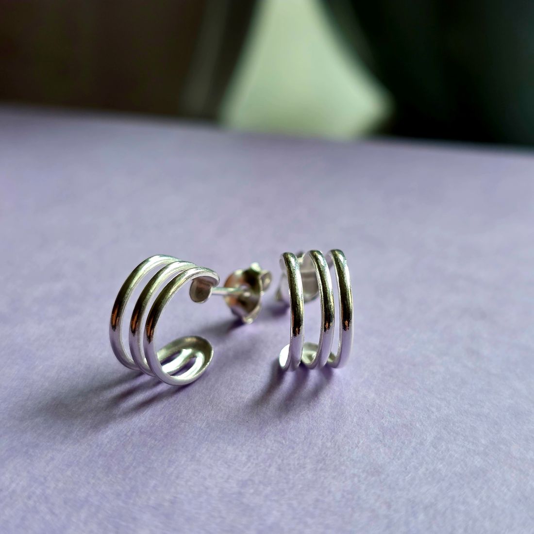 Triple Illusion Huggie Hoops in Sterling Silver