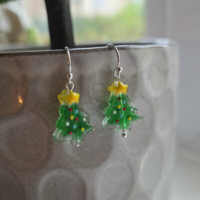 Happy Christmas Tree Glass Sterling Silver Drop Earrings