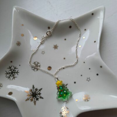 Happy Christmas Tree Glass Sterling Silver Bracelet