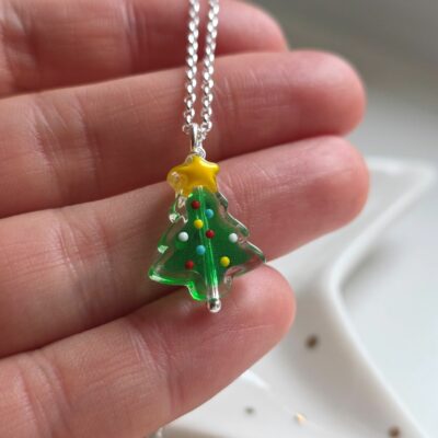 Happy Christmas Tree Glass Sterling Silver Necklace