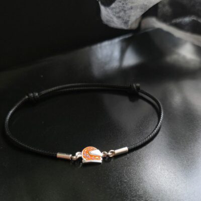 Holographic Glitter Orange Racing Helmet Black Cord Bracelet in Sterling Silver