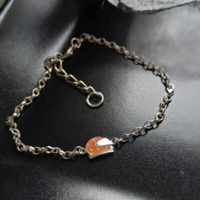 Holographic Glitter Orange Racing Helmet Chain Bracelet in Sterling Silver