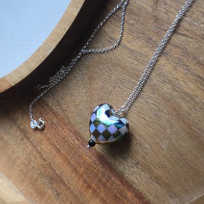 Aurora Borealis Chequered Puffed Heart Necklace in Sterling Silver
