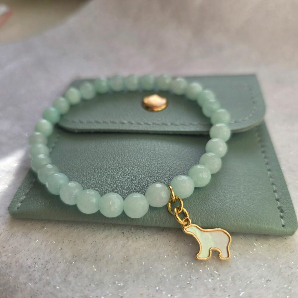 Icy Amazonite Sparkling Mother of Pearl Polar Bear Stretchy Gemstone Bracelet
