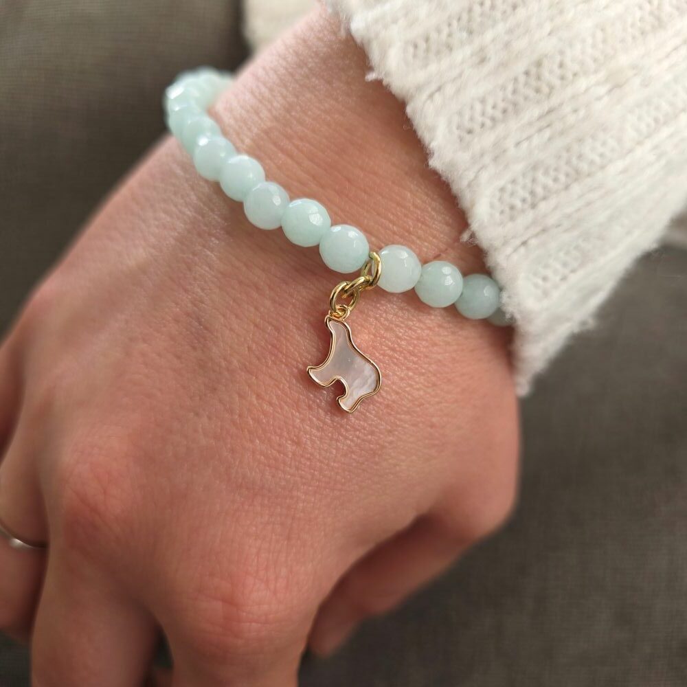 Icy Amazonite Sparkling Mother of Pearl Polar Bear Stretchy Gemstone Bracelet - Image 2