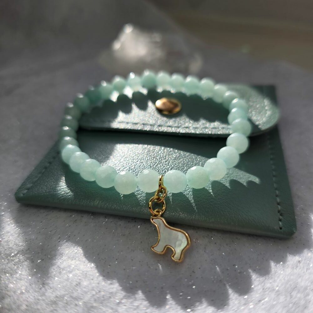 Icy Amazonite Sparkling Mother of Pearl Polar Bear Stretchy Gemstone Bracelet - Image 3