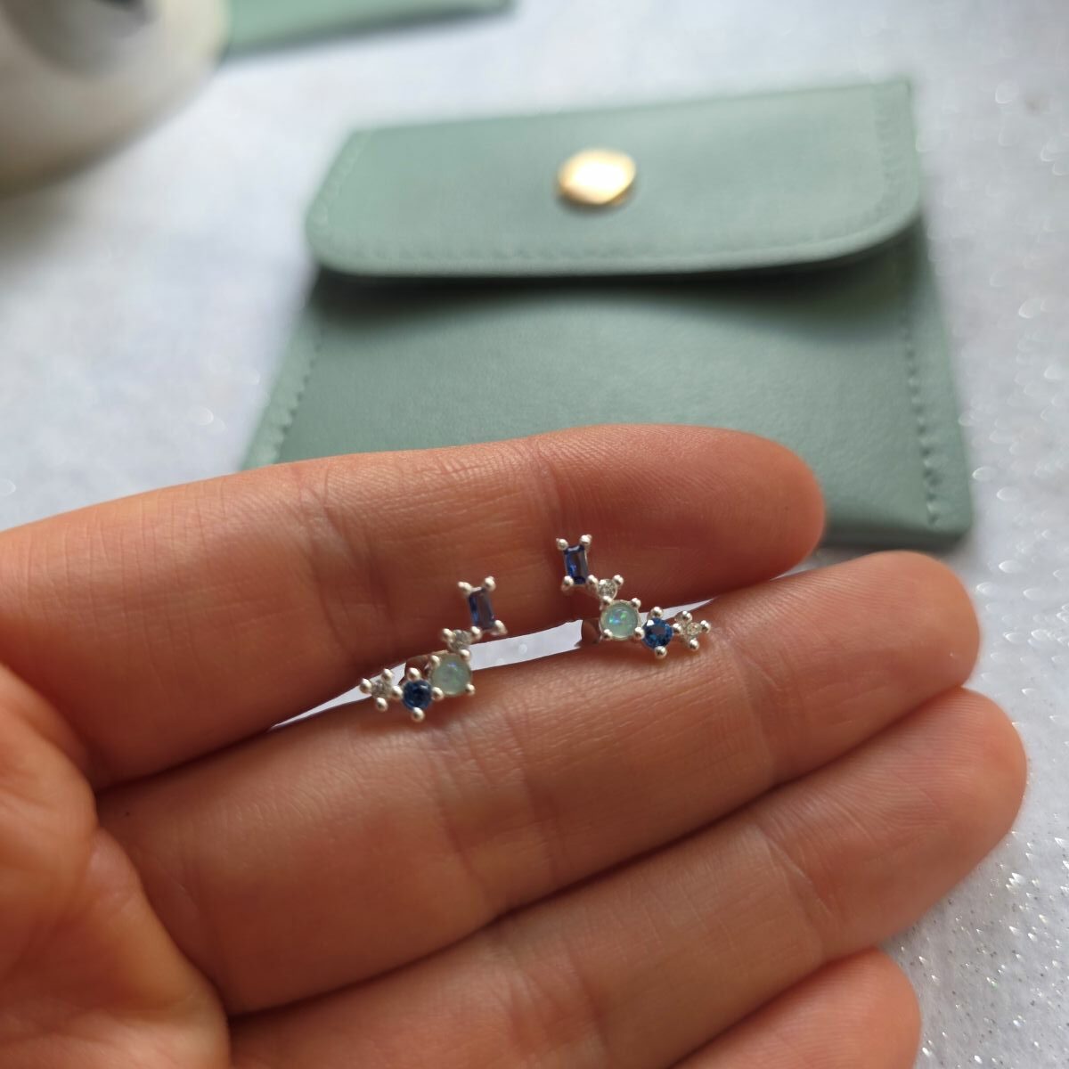 Moonlit Snow Sparkling Blue Ear Climbers - Image 3