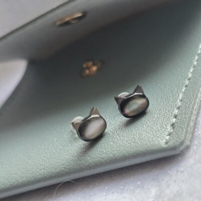 Black Cat Mother of Pearl Studs in Sterling Silver