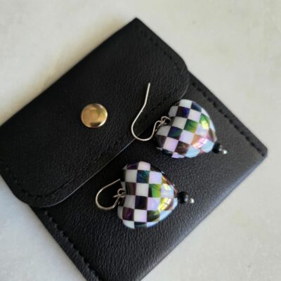 Aurora Borealis Chequered Puffed Heart Drop Earrings in Sterling Silver
