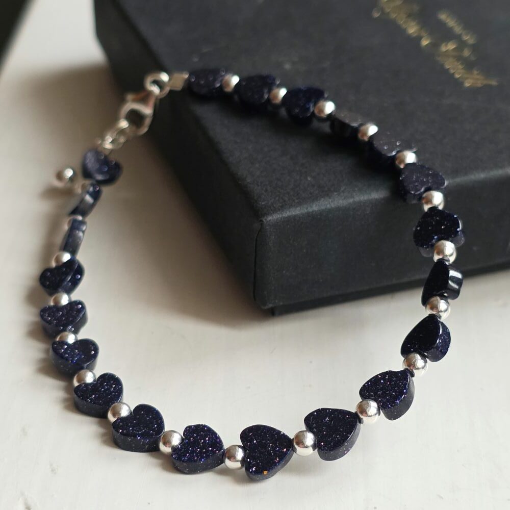 Blue Glittering Goldstone Heart Sterling Silver Bracelet - Subscriber Special - Image 2