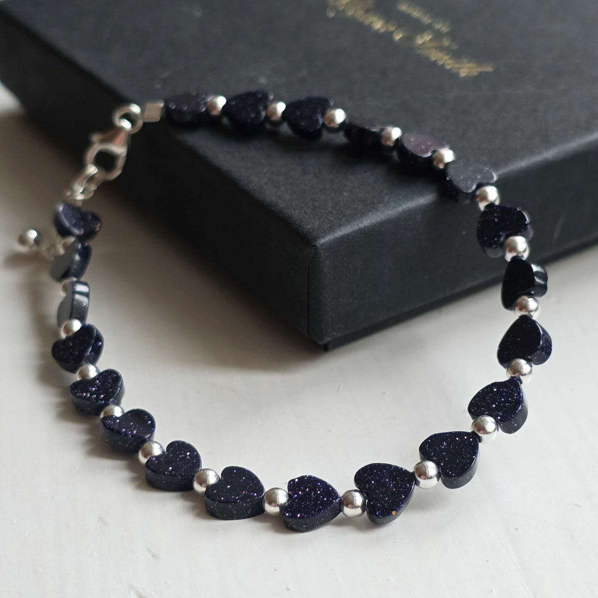 Blue Glittering Goldstone Heart Sterling Silver Bracelet - Subscriber Special - Image 5