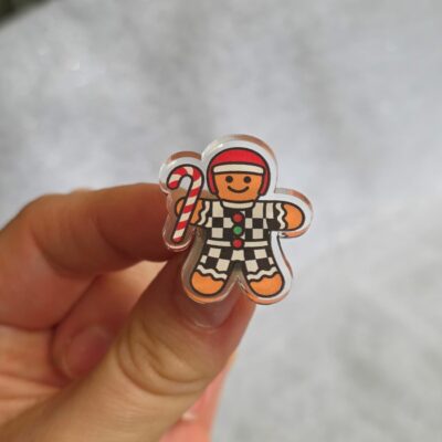 Race into Christmas Acrylic Pin - Gingerbread Man Mechanic