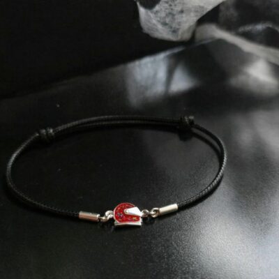 Ferrari Inspired Holographic Glitter Red Racing Helmet Black Cord Bracelet in Sterling Silver