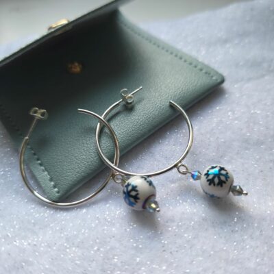 Winter Wonderland Narnia Blue Porcelain Snowflake Hoop Earrings