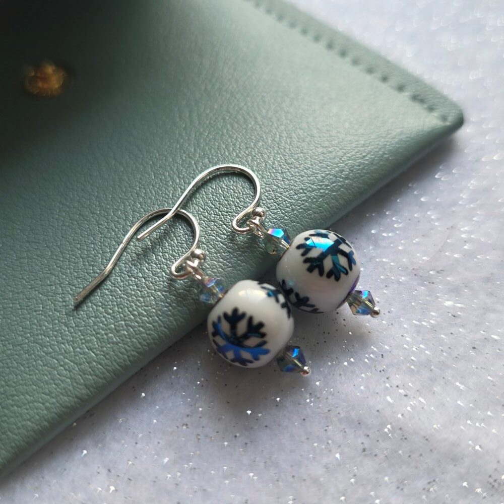 Winter Wonderland Narnia Simple Blue Porcelain Snowflake Drop Earrings - Image 2