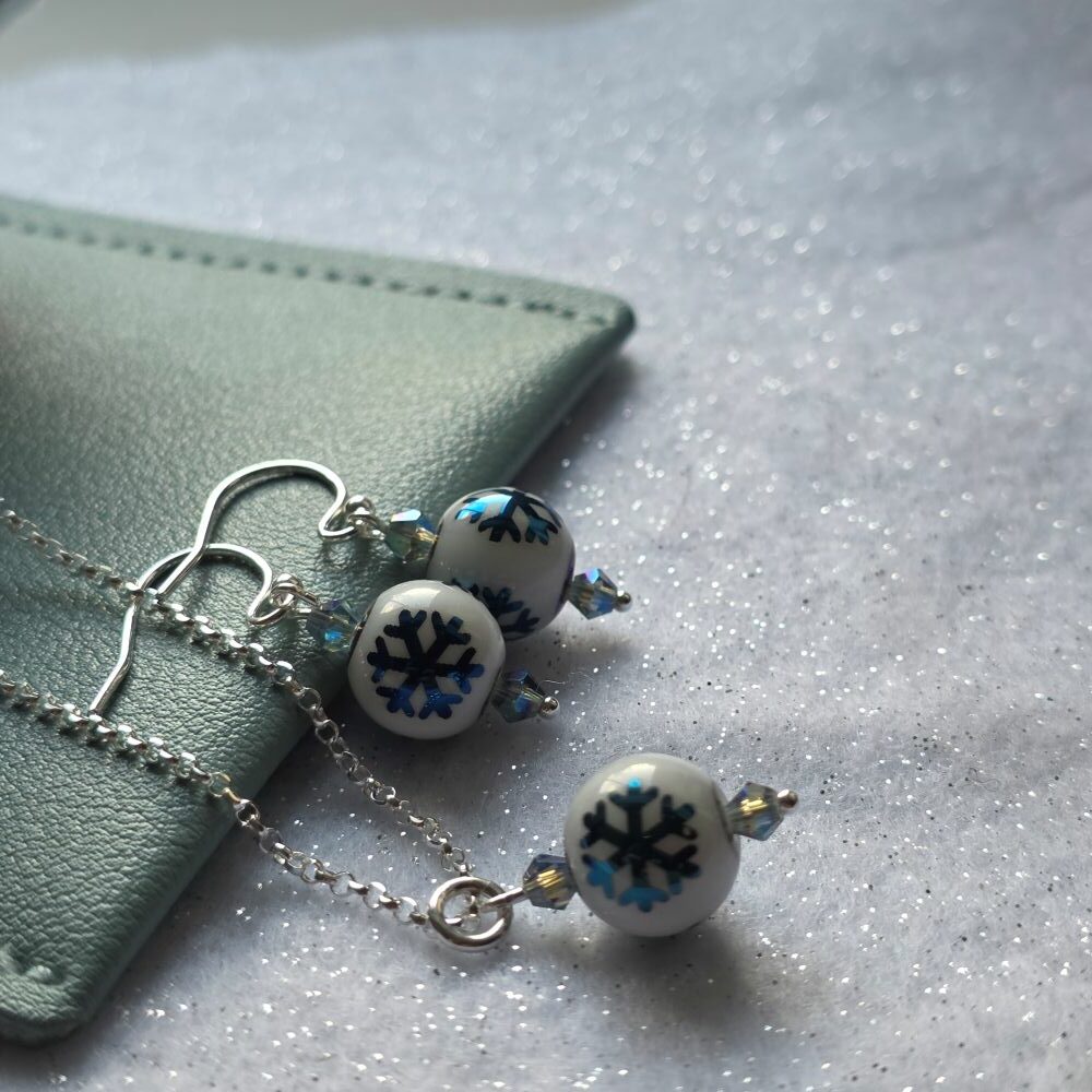 Winter Wonderland Narnia Simple Blue Porcelain Snowflake Drop Earrings - Image 3
