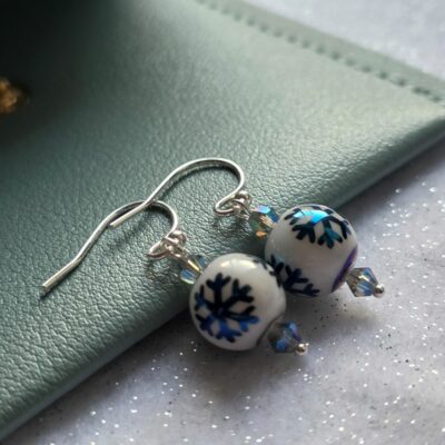 Winter Wonderland Narnia Simple Blue Porcelain Snowflake Drop Earrings