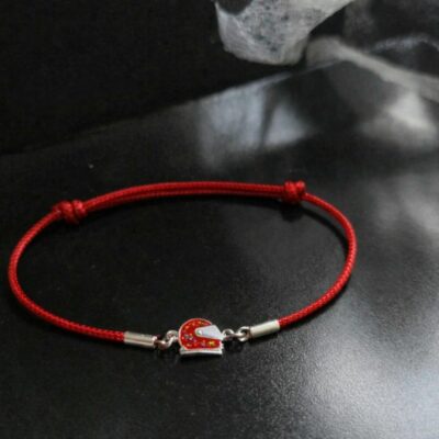 Ferrari Inspired Holographic Glitter Red Racing Helmet Red Cord Bracelet in Sterling Silver