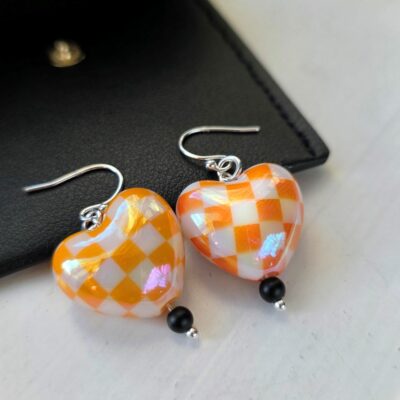 'For the Love of Marshals'  Orange Chequered Puffed Heart Drop Earrings in Sterling Silver - Limited Edition