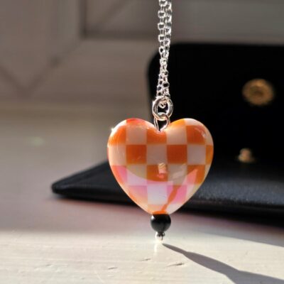 'For the Love of Marshals' Orange Chequered Puffed Heart Necklace in Sterling Silver - Limited Edition