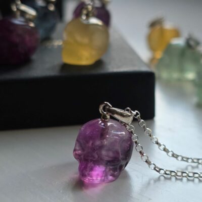 Rainbow Fluorite Sugar Skull Necklace in Sterling Silver