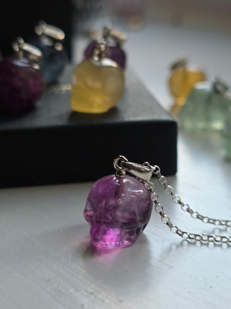 Rainbow Fluorite Sugar Skull Necklace in Sterling Silver