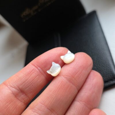 White Cat Mother of Pearl Studs in Sterling Silver