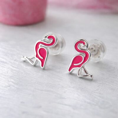 Pink Flamingo Stud Earrings in Sterling Silver