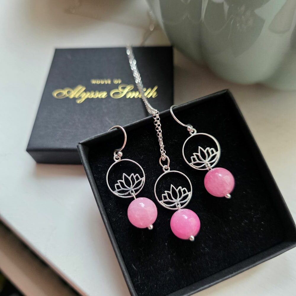 Pink Mountain Jade Gemstone Lotus Flower Drop Earrings in Sterling Silver - Image 3