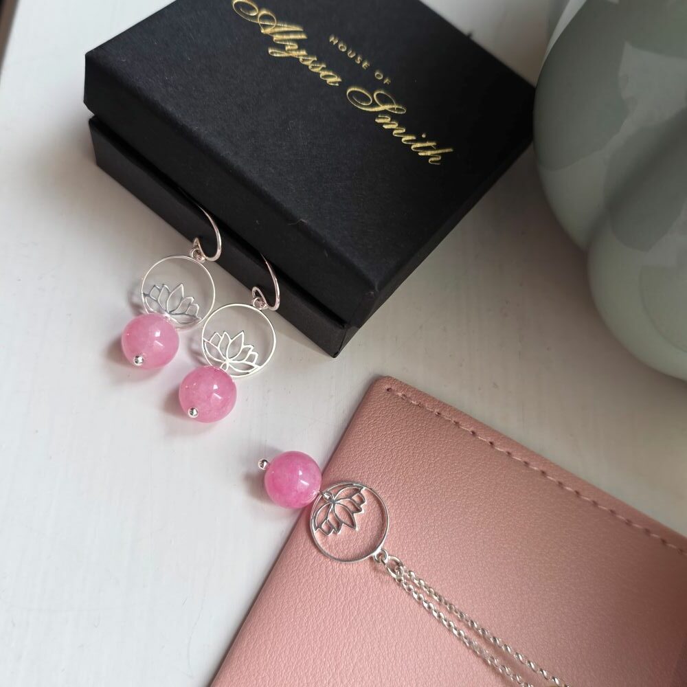 Pink Mountain Jade Gemstone Lotus Flower Drop Earrings in Sterling Silver - Image 2