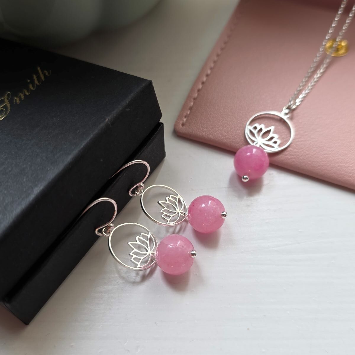 Pink Mountain Jade Gemstone Lotus Flower Drop Earrings in Sterling Silver - Image 4