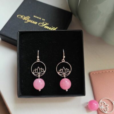 Pink Mountain Jade Gemstone Lotus Flower Drop Earrings in Sterling Silver