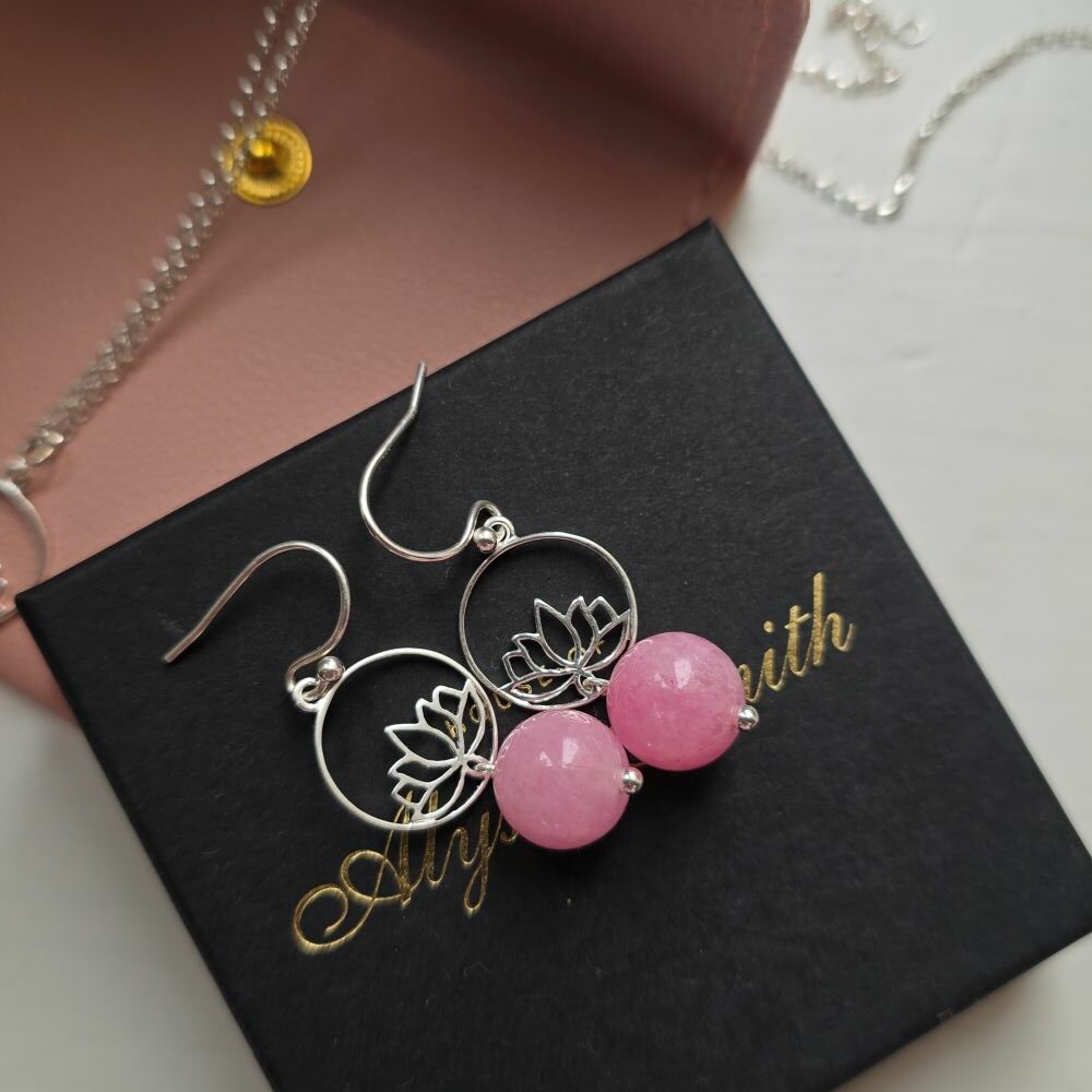 Pink Mountain Jade Gemstone Lotus Flower Drop Earrings in Sterling Silver - Image 5