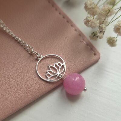Pink Mountain Jade Gemstone Lotus Flower Necklace in Sterling Silver