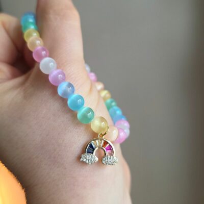 Rainbow Selenite Gemstone Bracelet with Rainbow Charm