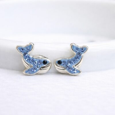 Sparkling Blue Whale Studs in Sterling Silver