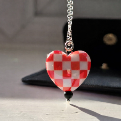 Ferrari Inspired Red Chequered Puffed Heart Necklace in Sterling Silver